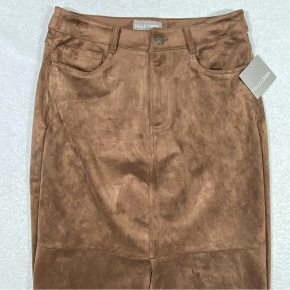 Falls Creek Faux Suede Midi Skirt Women's 8 Brown Front Slit Pockets Elegant NWT - Picture 2 of 14